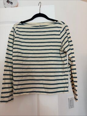 Uniqlo Cream and Blue Striped Long Sleeve Tee